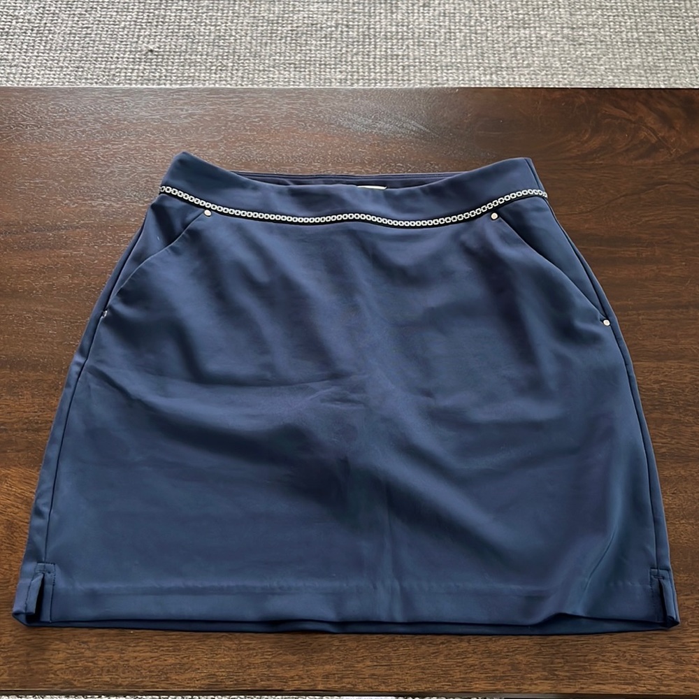 Greg Norman Collection Navy Mini Skort with Silver Chain Waist Trim